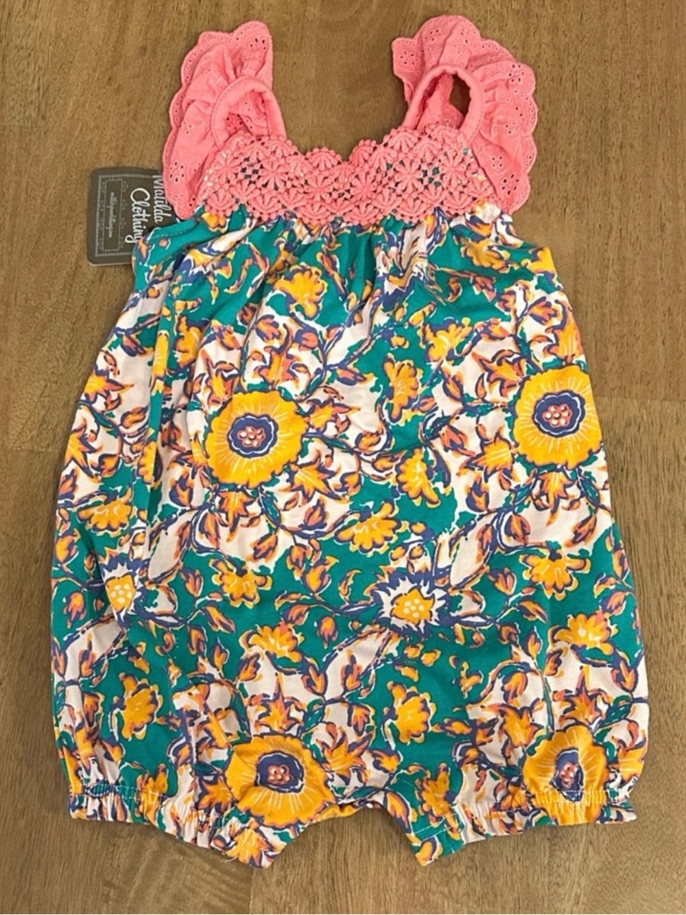 NWT Matilda Jane Teal Floral Romper with Pink Crochet Top 18-24mo